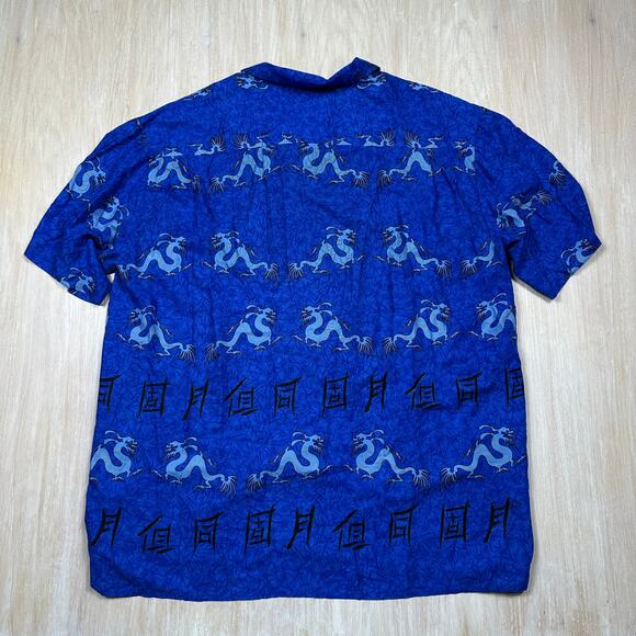 Ocean Current Dragon Blue Rayon Made in Korea Chinese Symbol Print Shirt XL - Picture 10 of 13